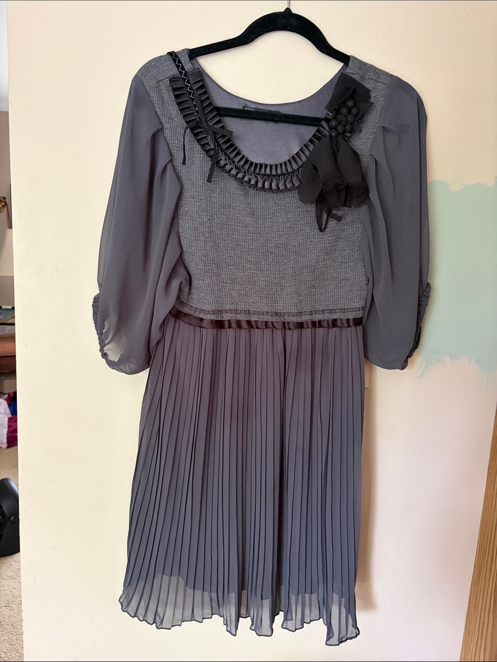 Forla Paris Gray Pleated Chiffon Sleeve Dress with Decorative Neckline